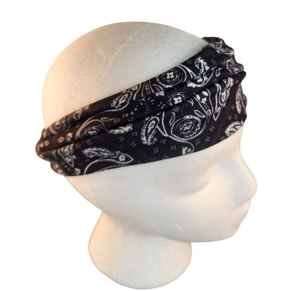 Black Paisley Knit Headwrap Hairband Soft Stretchy Headband Fabric Unisex Sweatb - Picture 3 of 8